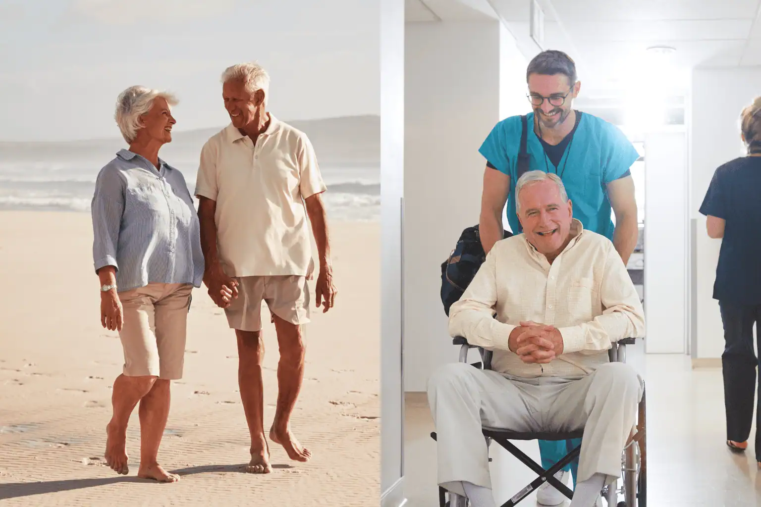senior couple on holiday and senior in hospital